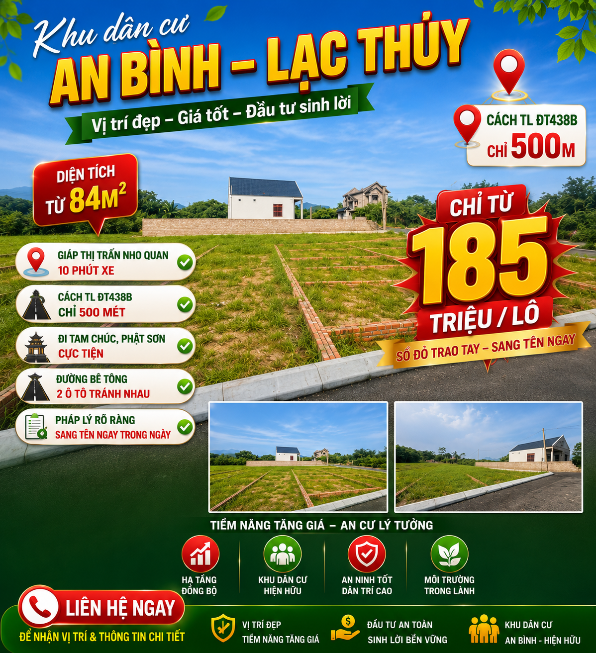 CHỈ 185 TRIỆU, CÓ NGAY LÔ ĐẤT Ở FULL THỔ CƯ,SỔ HỒNG SANG TÊN NGAY TẠI AN BÌNH, LẠC THỦY