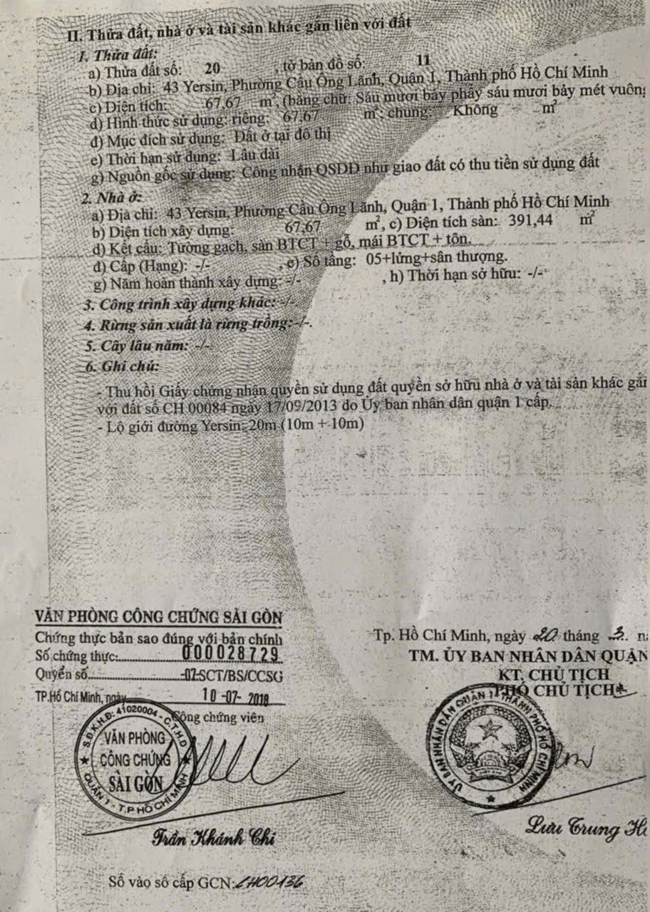 Bán nhà 43 Yersin, phường cầu ông lãnh, quận 1 – Giá 53 tỷ