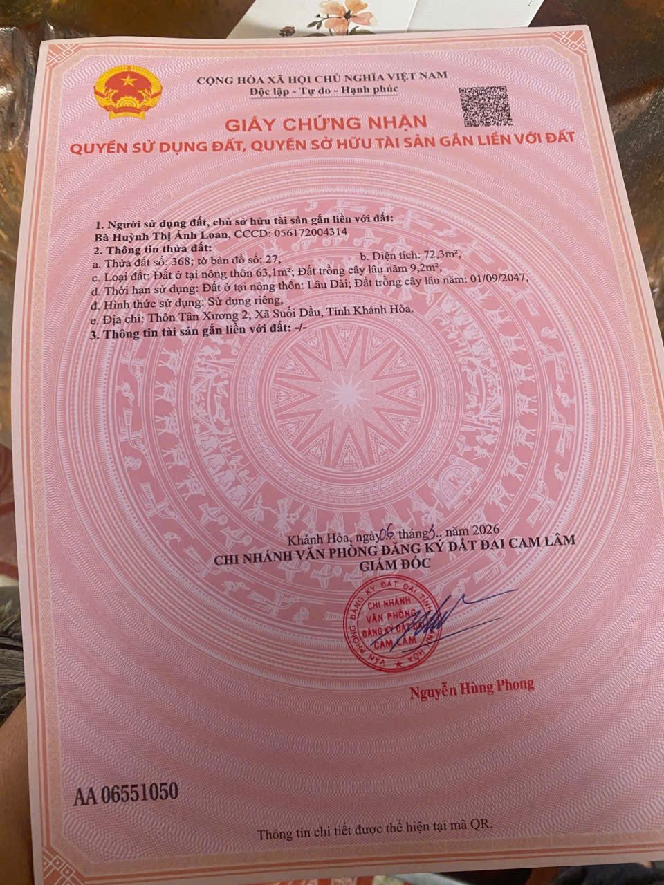 Cần Bán Lô Đất Thôn Tân Xương, Xã Suối Dầu , Khánh Hòa.
