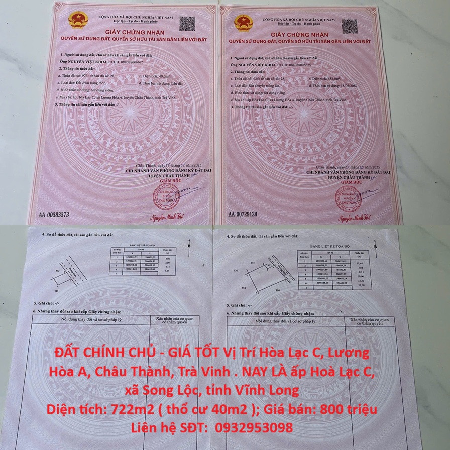 ĐẤT CHÍNH CHỦ - GIÁ TỐT Vị Trí Hòa Lạc C, Lương Hòa A, Châu Thành, Trà Vinh