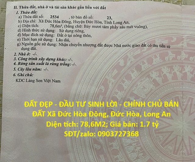 ĐẤT ĐẸP - ĐẦU TƯ SINH LỜI - CHÍNH CHỦ BÁN ĐẤT Xã Đức Hòa Đông, Đức Hòa, Long An