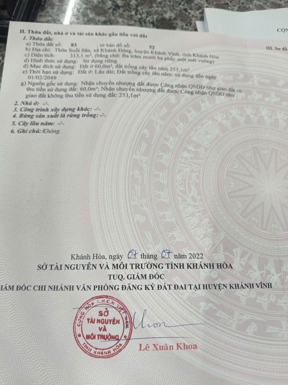 ĐẤT ĐẸP– GIÁ TỐT  – CHÍNH CHỦ CẦN BÁN NHANH Đất Tại Xã Khánh Đông, Khánh Vĩnh, Khánh Hòa