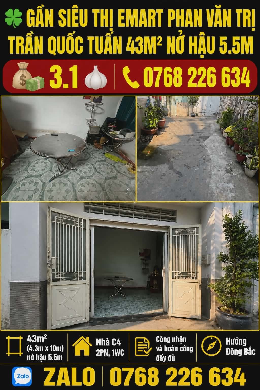 🍀 EMART PHAN VĂN TRỊ, TRẦN QUỐC TUẤN, 43M² NỞ HẬU 5.5M, 💰 3.1 🧄, 📱 0768 226 634