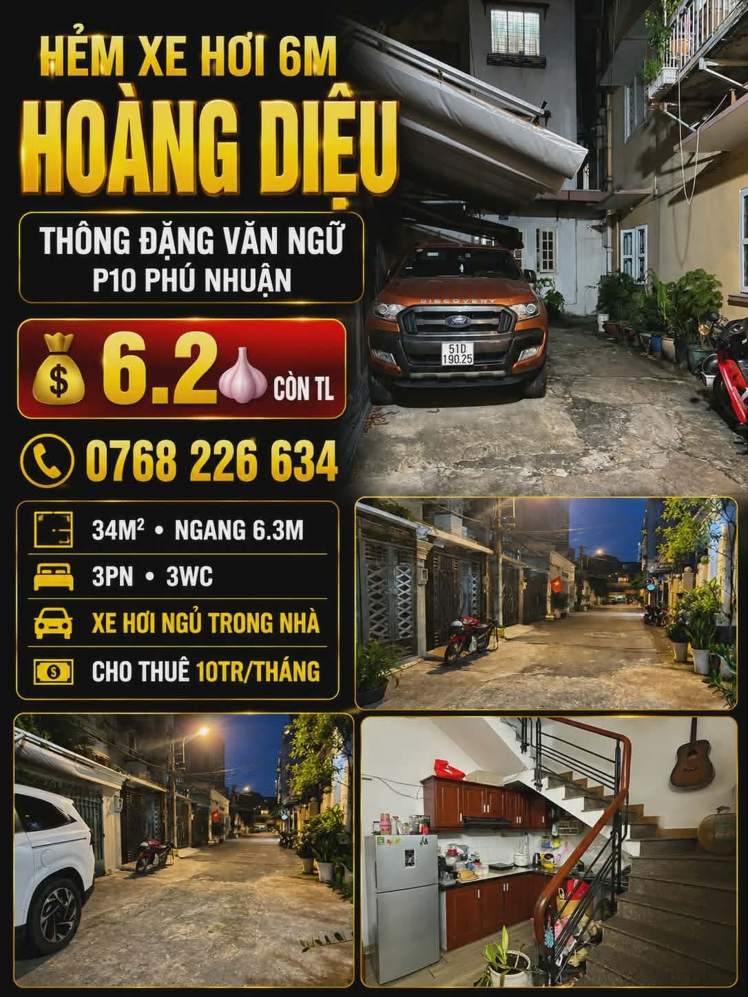 🏡 HẺM XE HƠI 6M HOÀNG DIỆU, THÔNG ĐẶNG VĂN NGỮ, 34M², 💰6.2🧄 CÒN TL
📱 0768 226 634