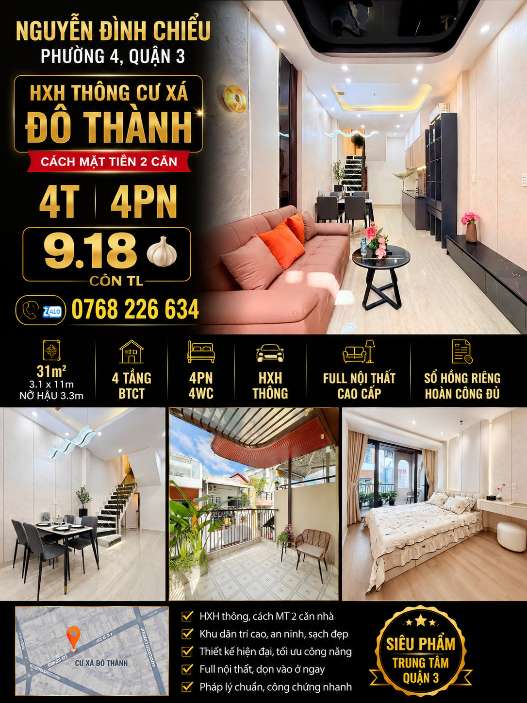 Nguyễn Đình Chiểu p4,q3,HXH thông cư xá đô thành, cách MT 2 căn ,4T 4 PN 👉0768226634
