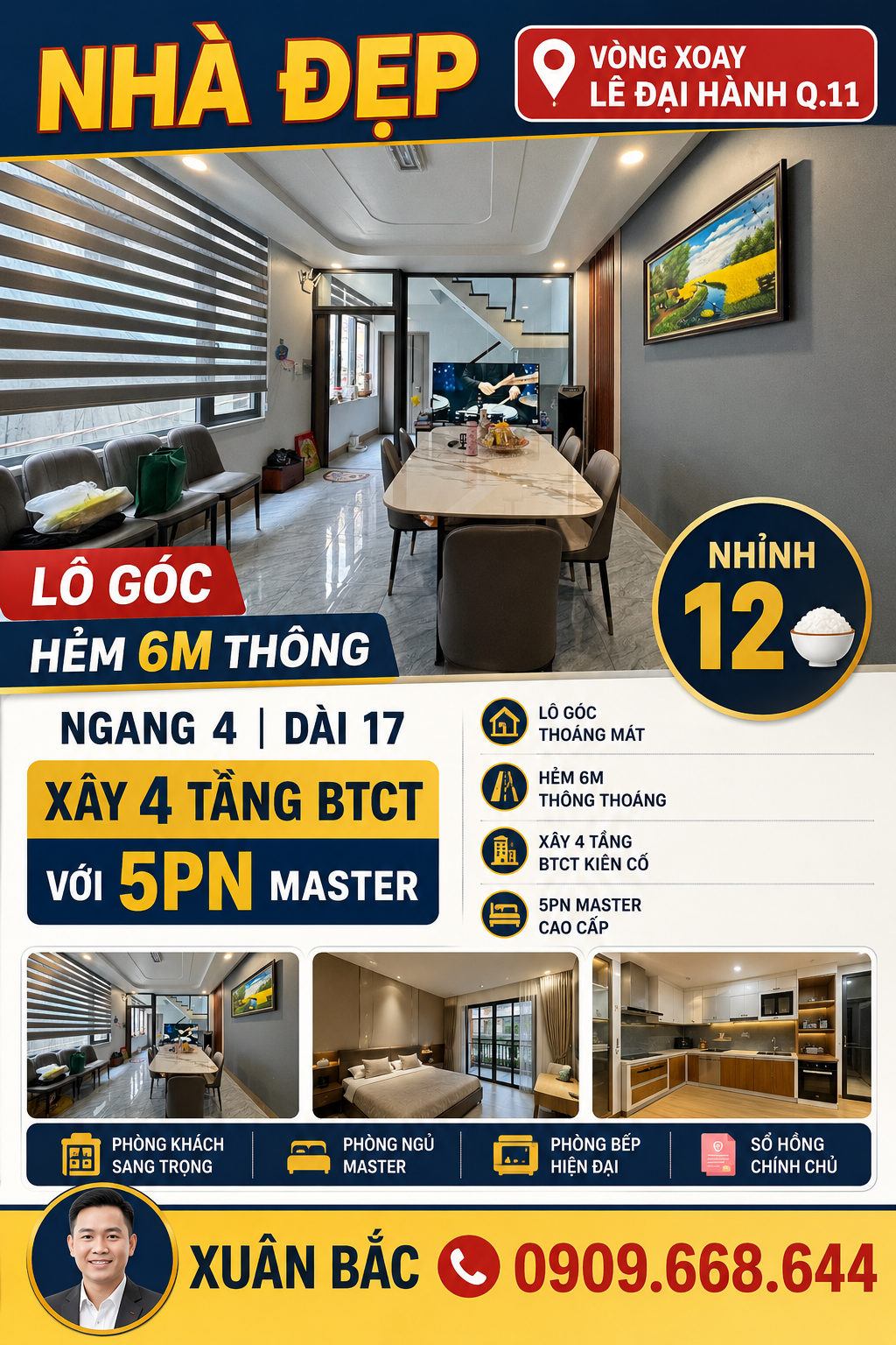 VÒNG XOAY LÊ ĐẠI HÀNH Q.11 CĂN GÓC KHÔNG LỘ GIỚI NGANG 4 DÀI 17 KẾT CẤU 4 TÂNG