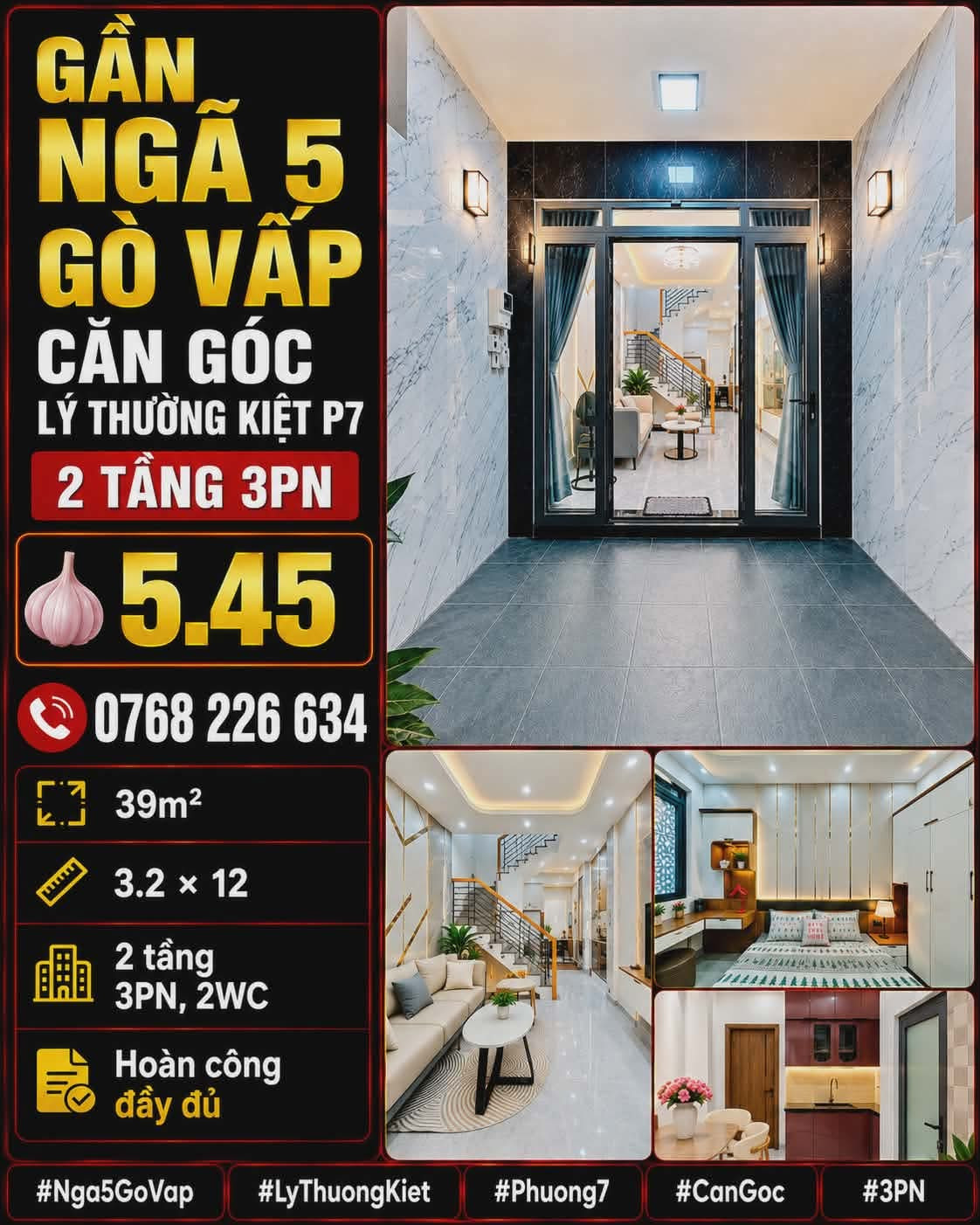 🍀 GẦN NGÃ 5 GÒ VẤP CĂN GÓC LÝ THƯỜNG KIỆT P7 2 TẦNG 3PN 💰5🧄45 TL 📱0768 226 634