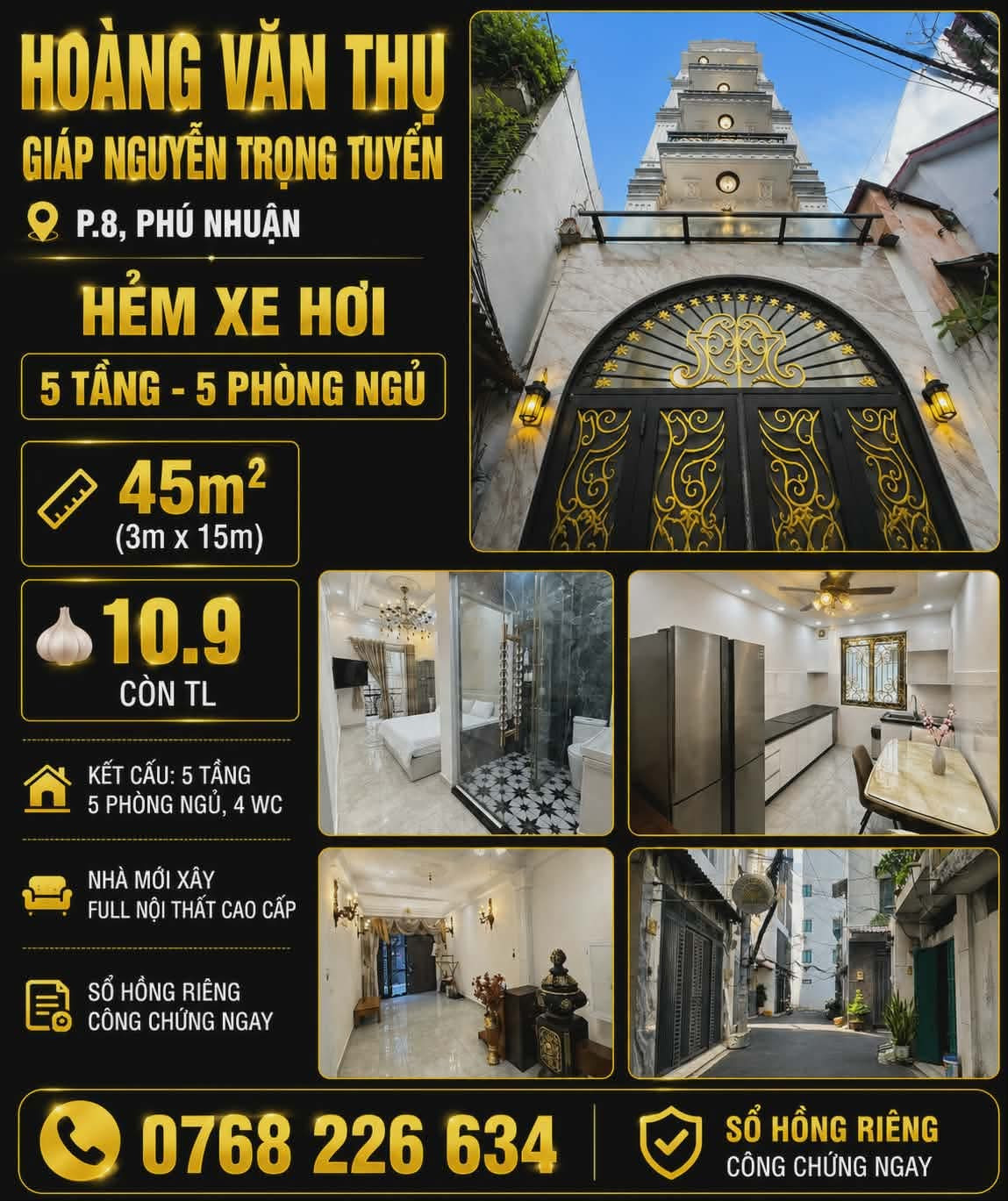 Hoàng Văn Thụ giáp Nguyễn Trọng Tuyển, P.8 Phú Nhuận. Hẻm xe hơi. 5T 5PN. DT 45m². 💰10.9🧄 còn TL. 📱0768 226 634
