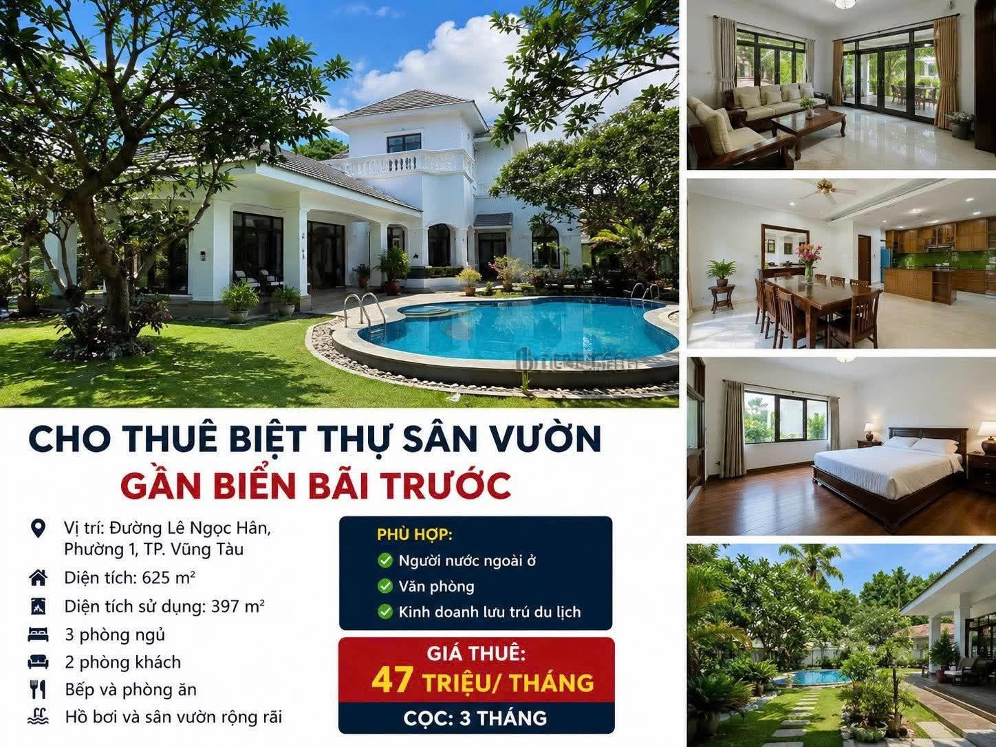 CHO THUÊ BIỆT THỰ SÂN VƯỜN - 625M2 GẦN BIỂN BÃI TRƯỚC - GIÁ 47 TRIỆU/THÁNG
