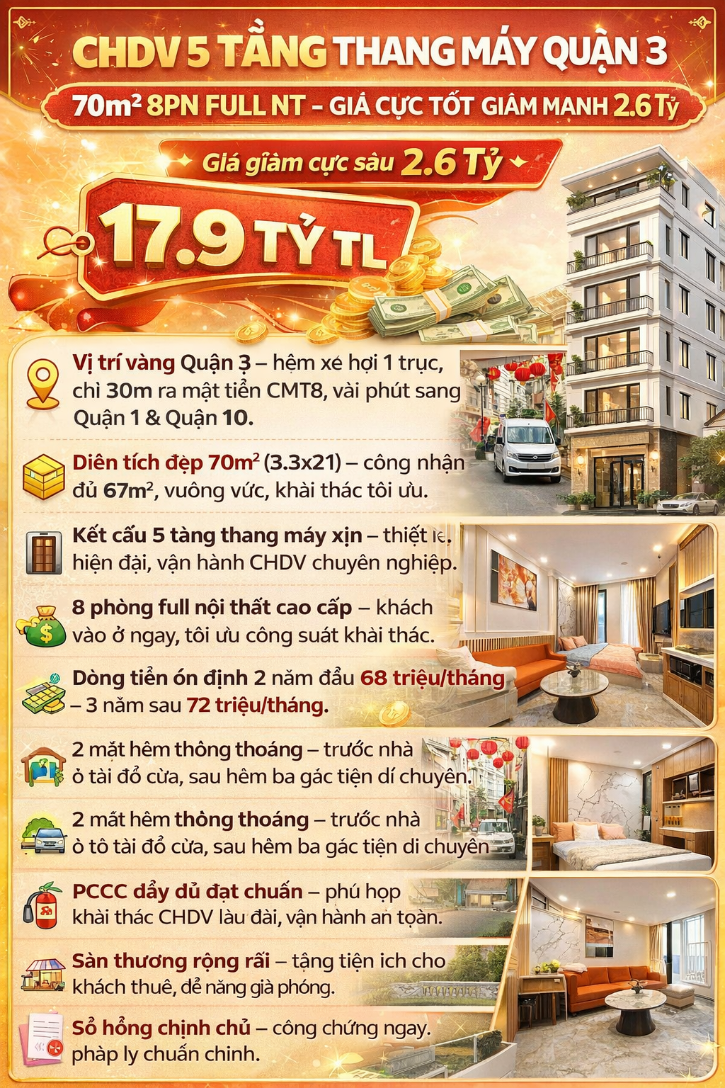 CHDV 5 TẦNG THANG MÁY QUẬN 3 - 70m2 8PN FULL NT - GIÁ CỰC TỐT GIẢM MẠNH 2.6 TỶ