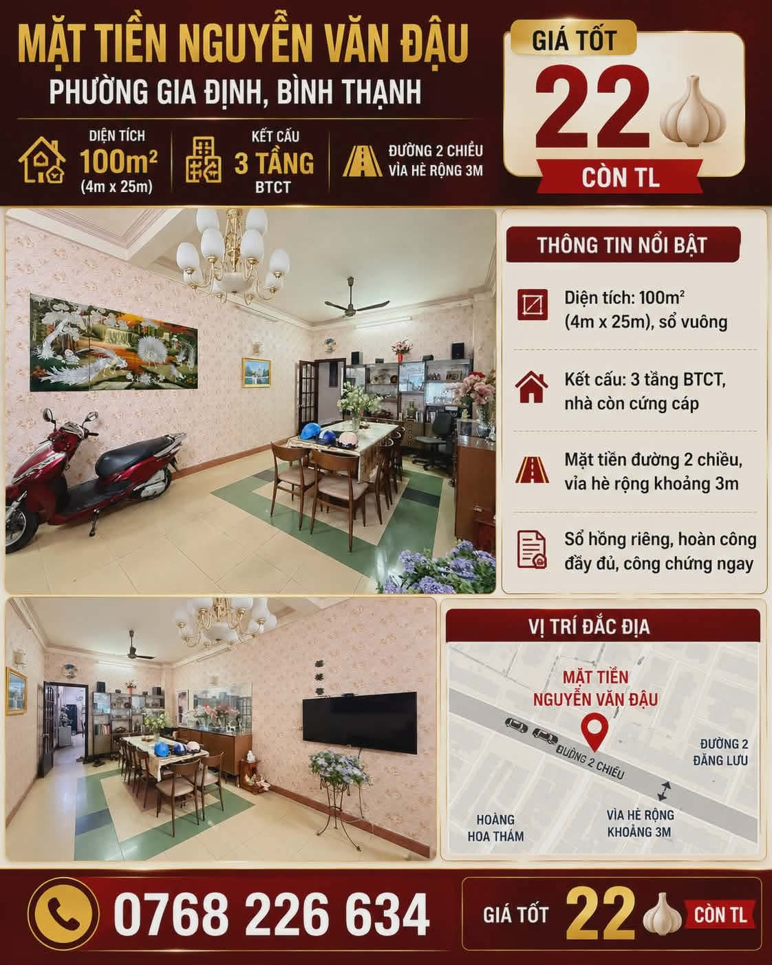 MẶT TIỀN NGUYỄN VĂN ĐẬU, PHƯỜNG GIA ĐỊNH, BÌNH THẠNH. 100M². 3 TẦNG. 💰22🧄 CÒN TL
💰 22🧄 còn TL
📱 0768 226 634
