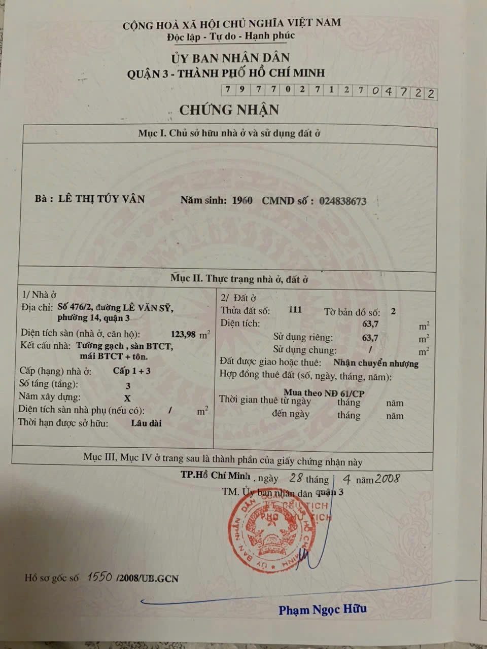 Chính Chủ Bán Nhà Hẻm 476/2 Lê Văn Sỹ – Giá 12,8 tỷ