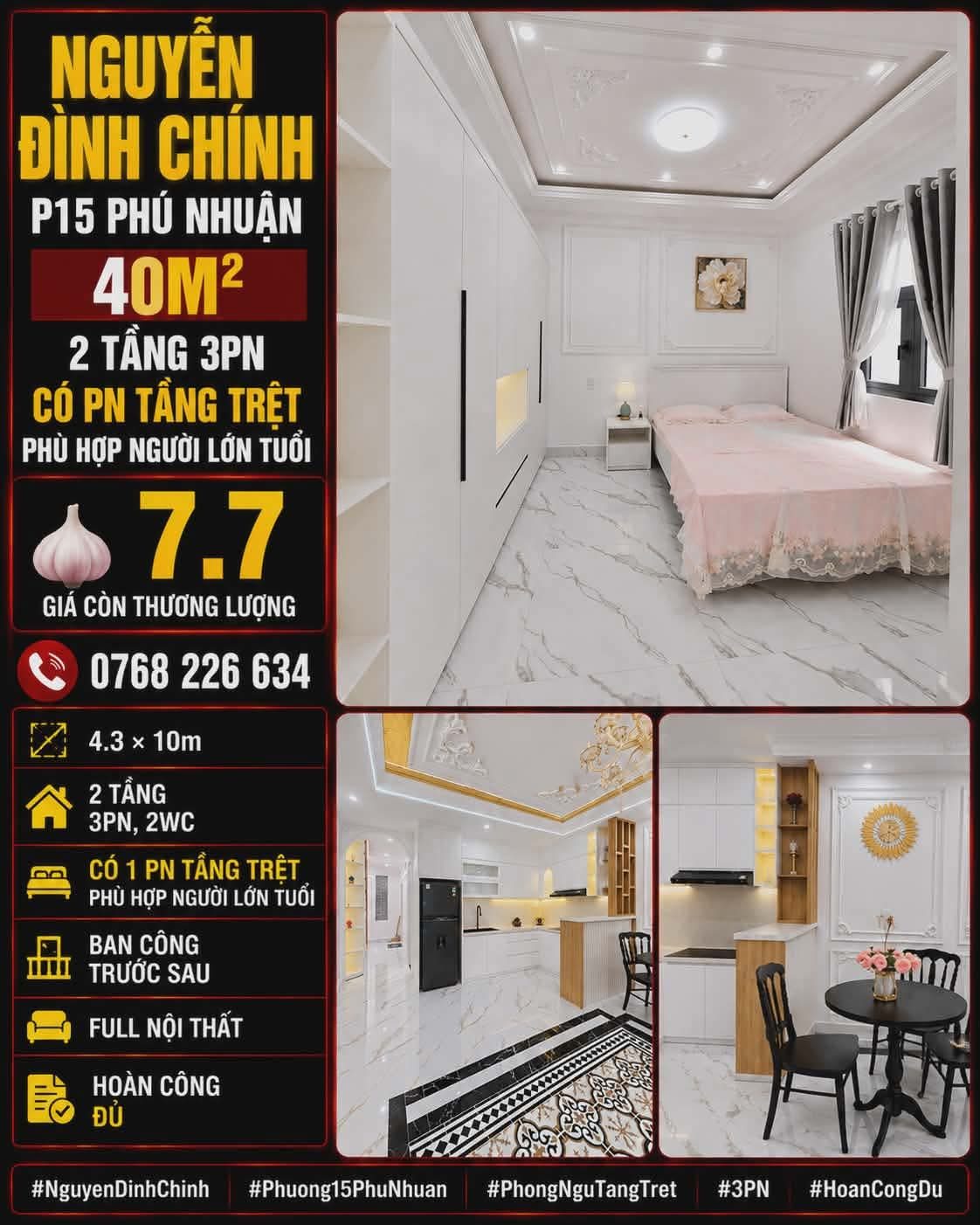 🍀 NGUYỄN ĐÌNH CHÍNH P15 PHÚ NHUẬN 40M² 2 TẦNG 3PN CÓ PN TẦNG TRỆT 💰 7🧄7 📱 0768 226 634