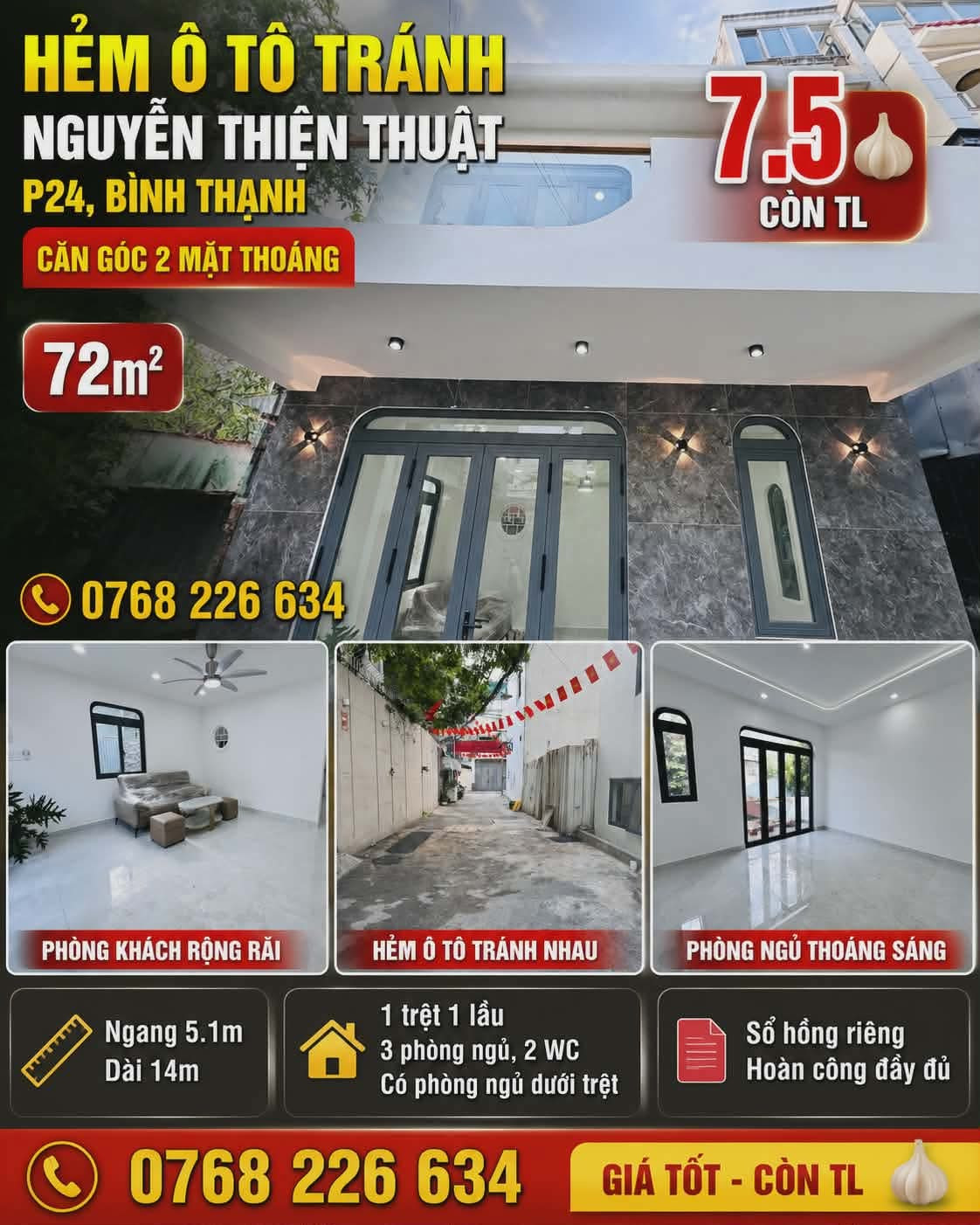 HẺM Ô TÔ TRÁNH NGUYỄN THIỆN THUẬT, P24, BÌNH THẠNH. CĂN GÓC 2 MẶT THOÁNG. 72M². 💰 7.5🧄 CÒN TL. 📱 0768 226 634
