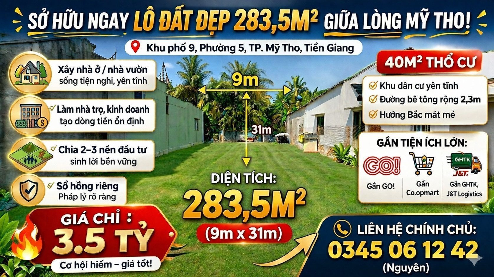 Bán đất trục Đoàn Thị Nghiệp, gần đường Kênh 26/3 – Phường 5 Mỹ Tho