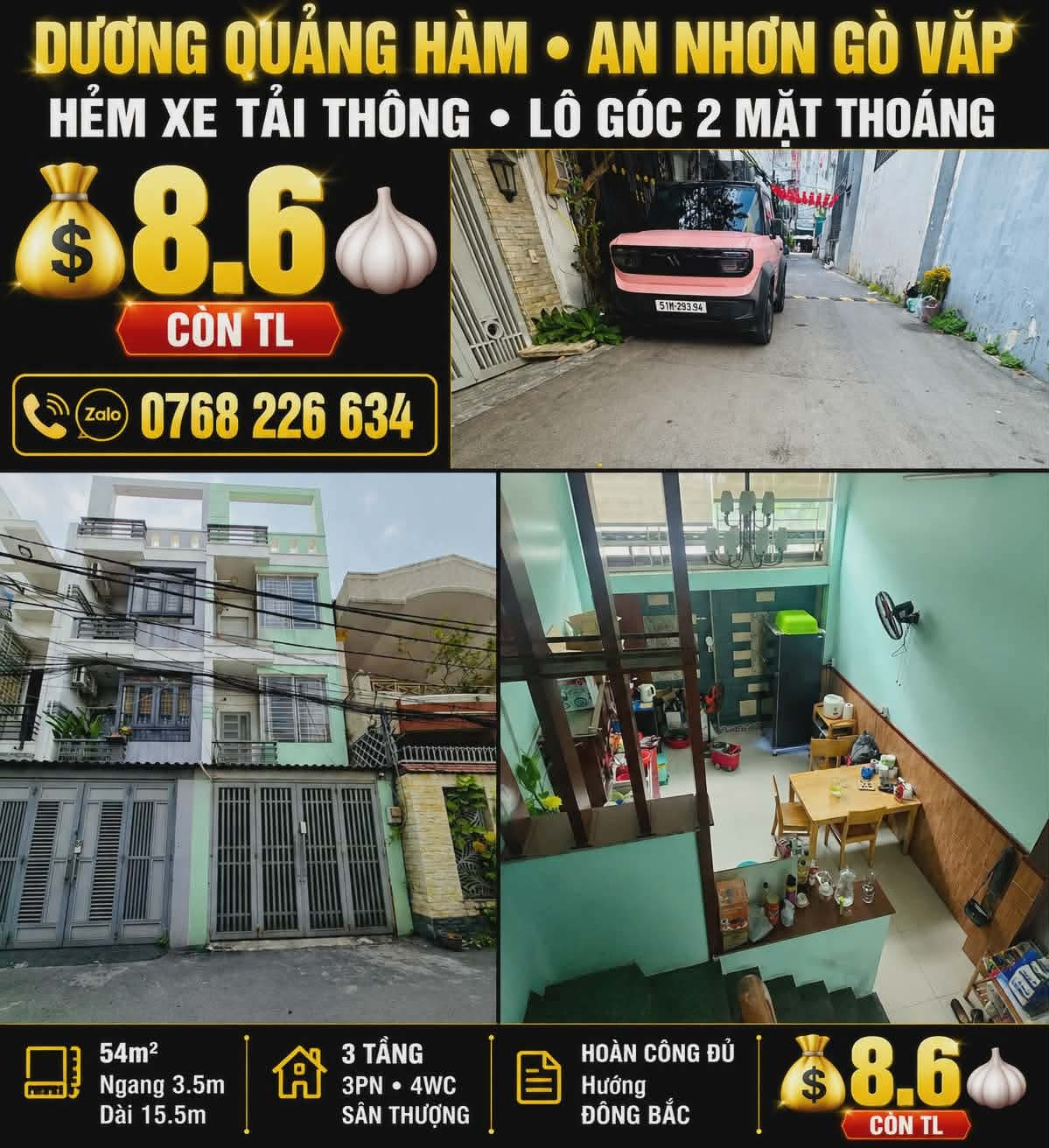 🍀 DƯƠNG QUẢNG HÀM • AN NHƠN GÒ VẤP • HẺM XE TẢI THÔNG • LÔ GÓC 2 MẶT THOÁNG • 💰 8.6 🧄