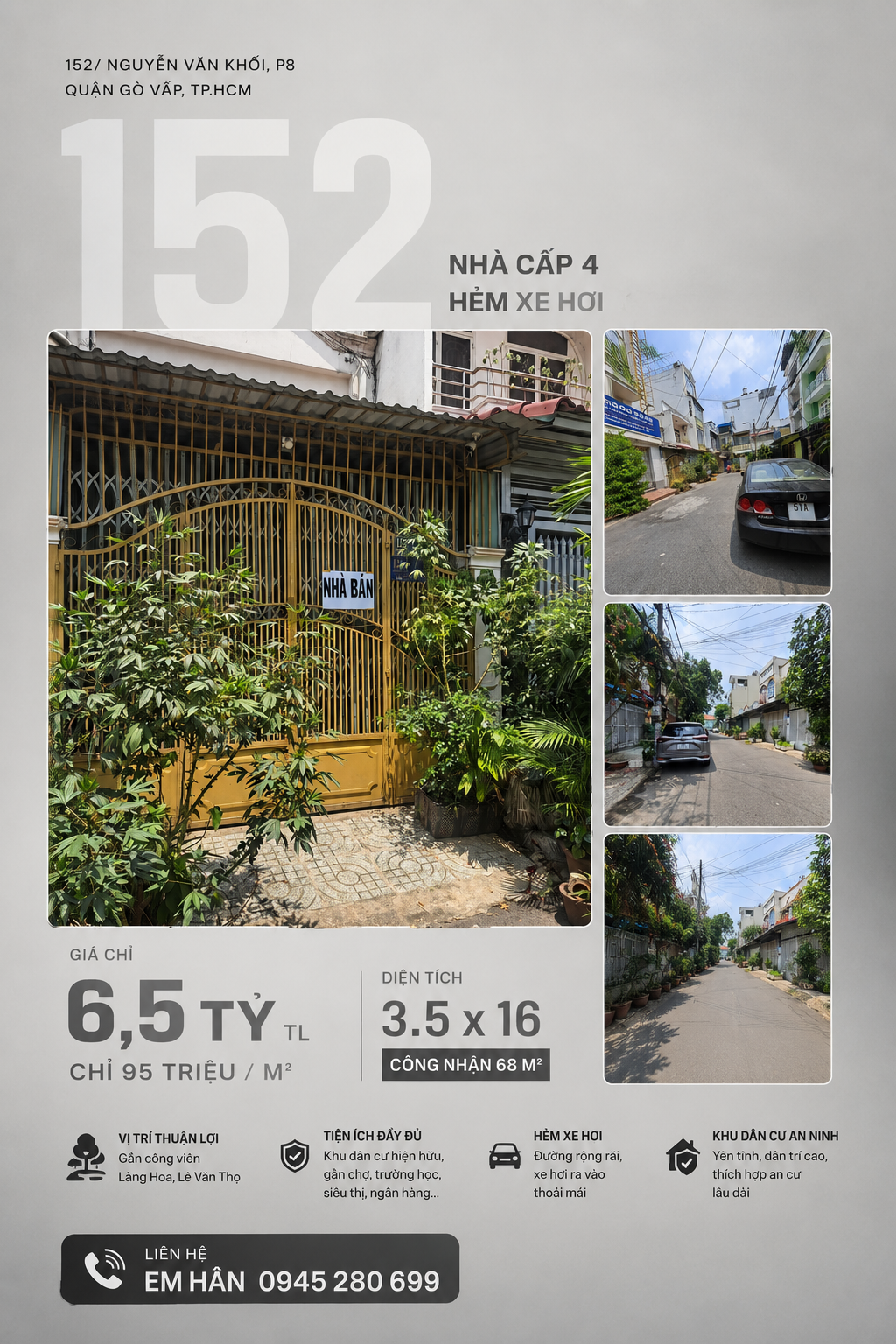 Chỉ 95Tr/m2 nhà C4 HXH 152 Nguyễn Văn Khối P8 3.5x16 CN 68m² ngay CV Làng Hoa giá 6,5 tỷ TL