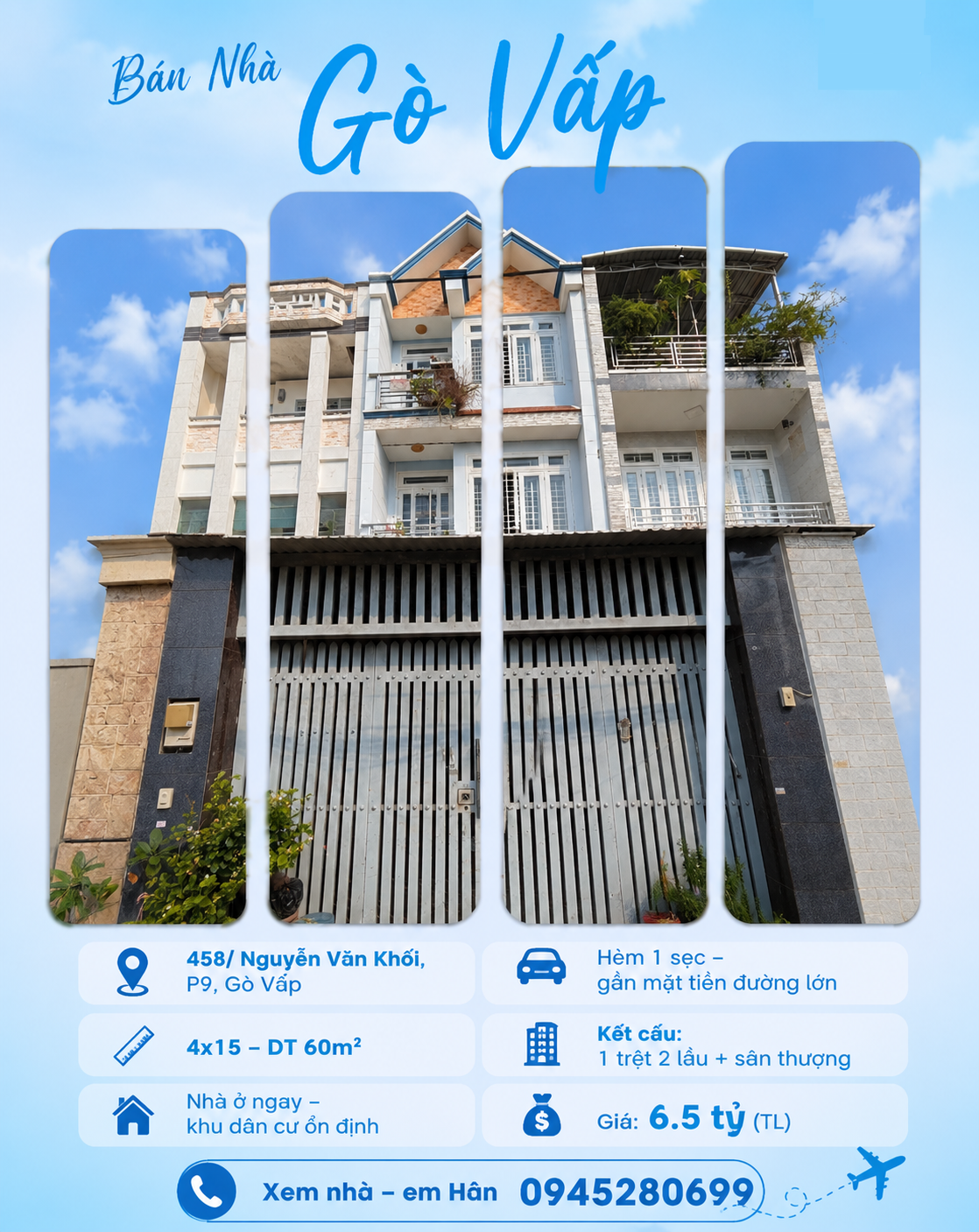 Hơn 100tr/m2 có ngay HXH 458 Nguyễn Văn Khối P9 4x15m CN 60m2 4 Lầu nhà đẹp khu dân cư ổn định chỉ 6,5 tỷ TL
