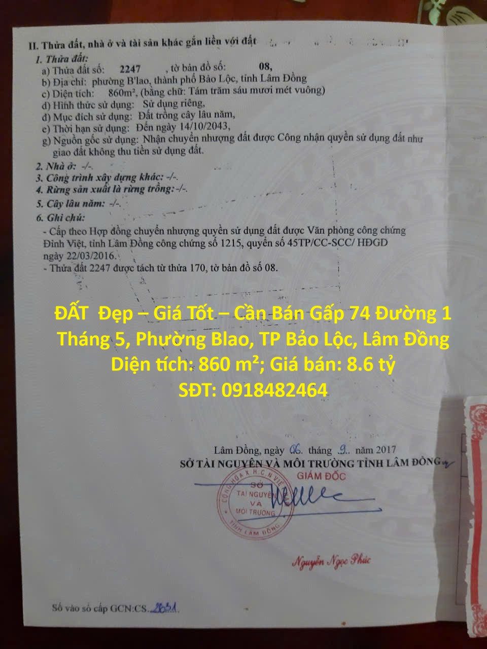 ĐẤT  Đẹp – Giá Tốt – Cần Bán Gấp – Đường 1 Tháng 5 – Phường Blao – TP Bảo Lộc – Lâm Đồng