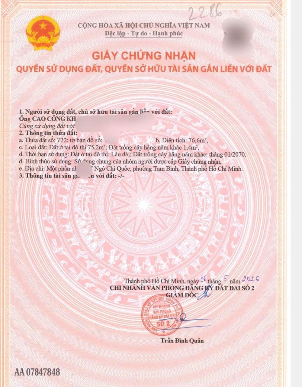 76m đất 4tỷ7 phường Bình Chiểu- hẻm ô tô đường Ngô Chí Quốc . Sổ riêng