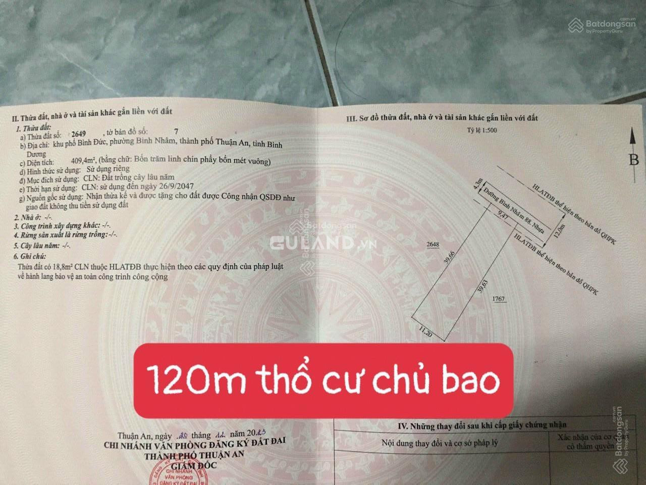 Đất MT Bình Nhâm 88 LDV giáp Lái Thiêu 409m2 đường nhựa