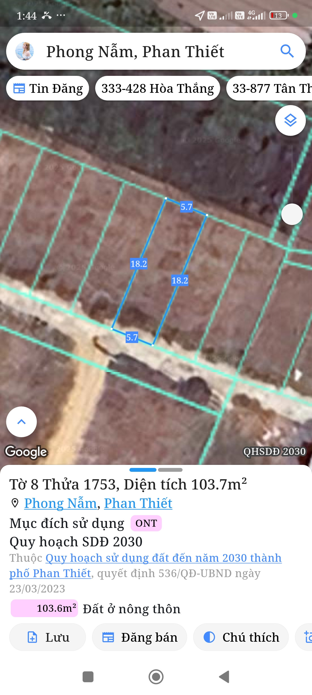 Bán đất 103,7m² ngang 5,7m giá 750 triệu Phường Bình Thuận
