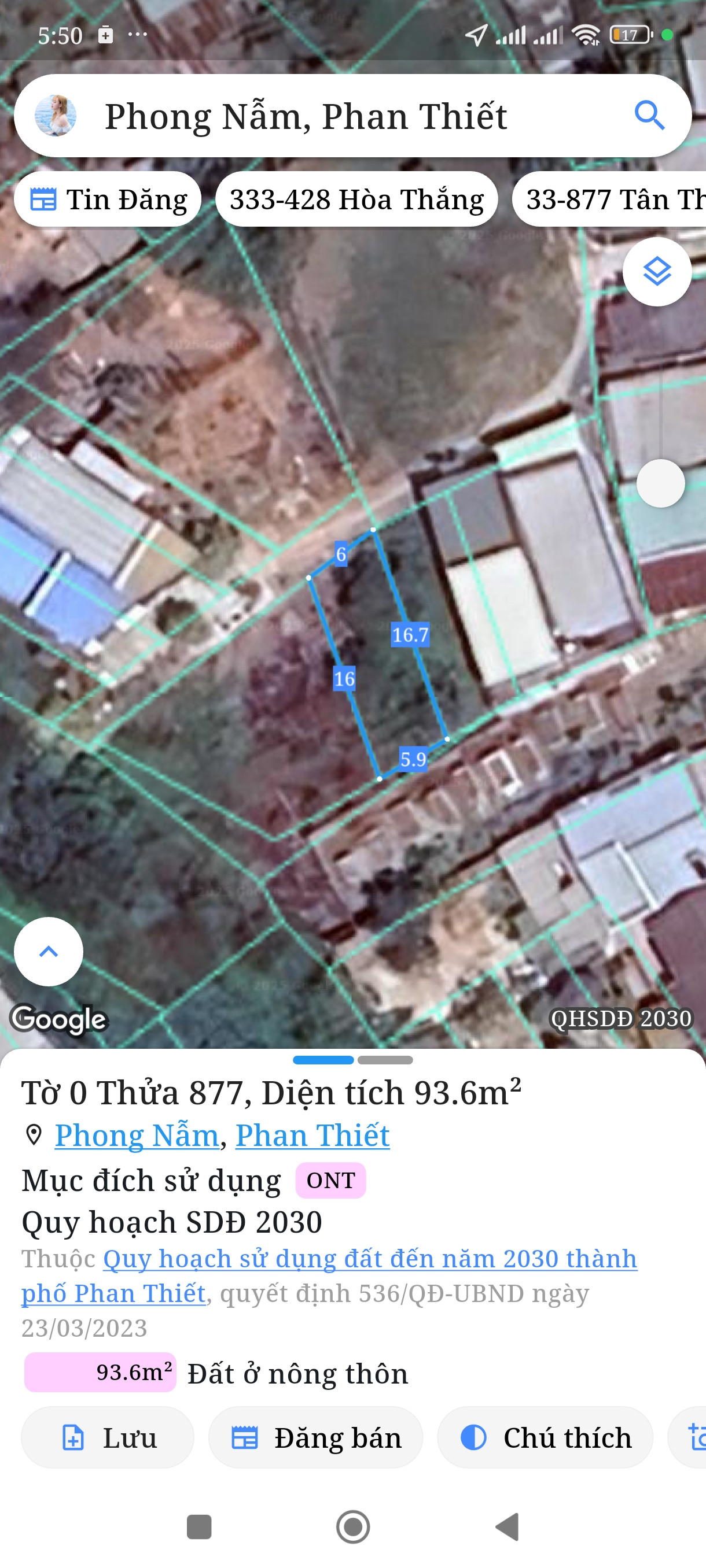 Bán đất 93,6m² ngang 6m giá 850 triệu Phường Bình Thuận
