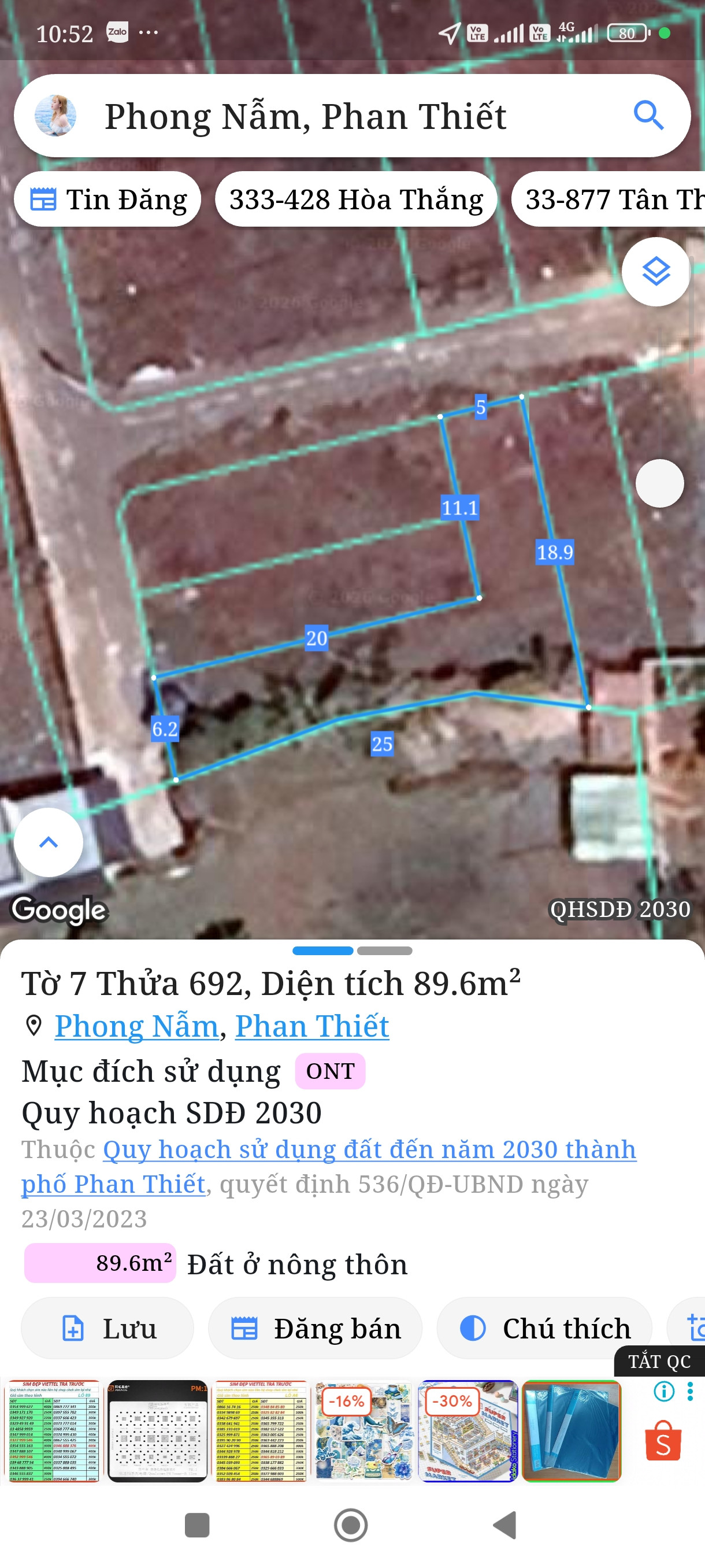 Bán đất 109,7m² full thổ cư ngang 6,2m giá 720 triệu tại Phường Bình Thuận