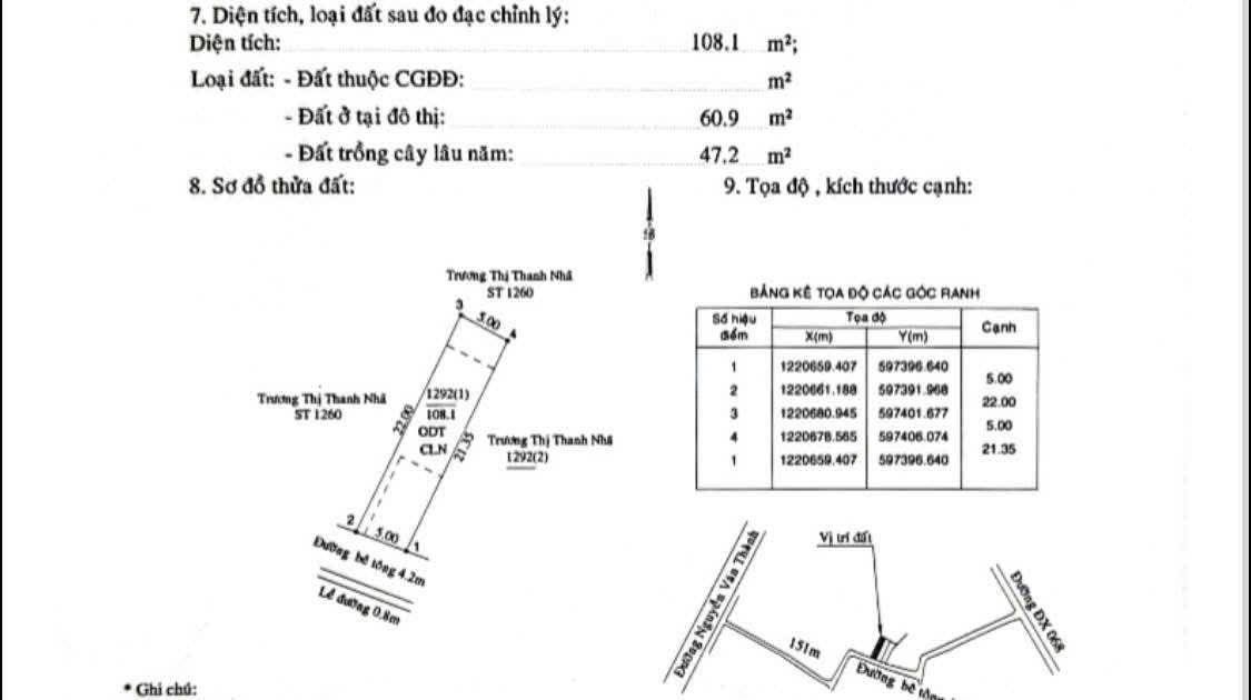 Bán đất 106.1m² có sẵn 60m² thổ cư ngang 5m giá 1.9 tỷ tại Phường Chánh Hiệp