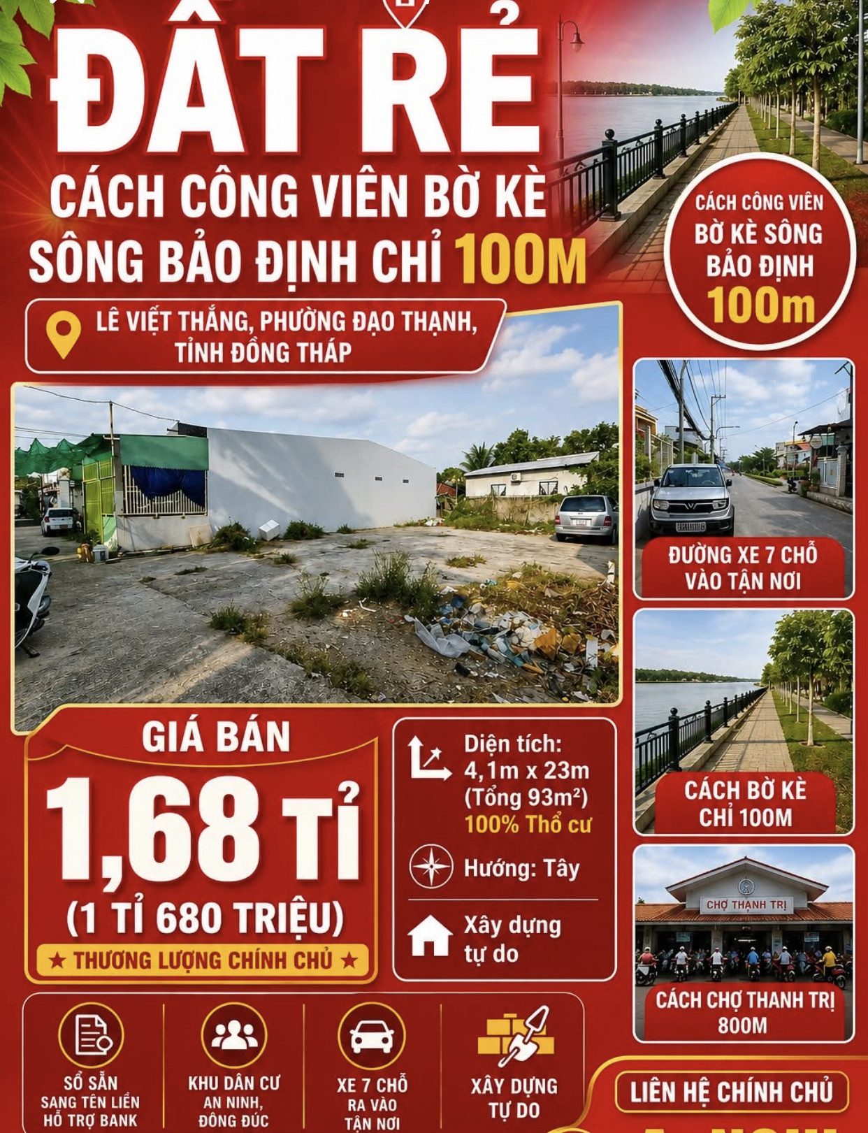 Bán đất P5, TP. Mỹ Tho hẻm ô tô 7c đường Lê Việt Thắng cách Ấp Bắc 400m, Chợ Thạnh Trị 800m gần sông Bảo Định