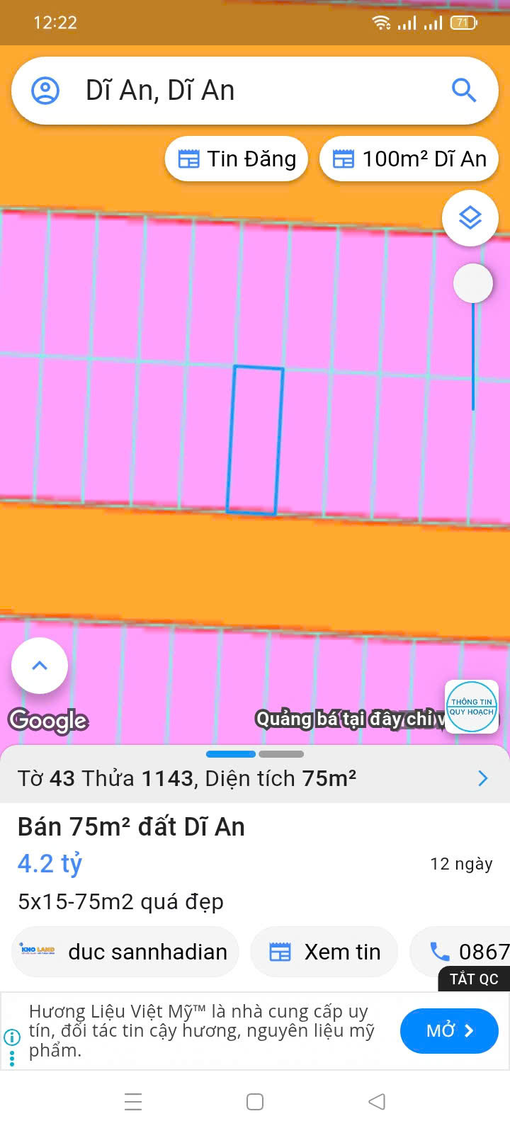 Bán đất 75m² giá 4.2 tỷ Phường Dĩ An