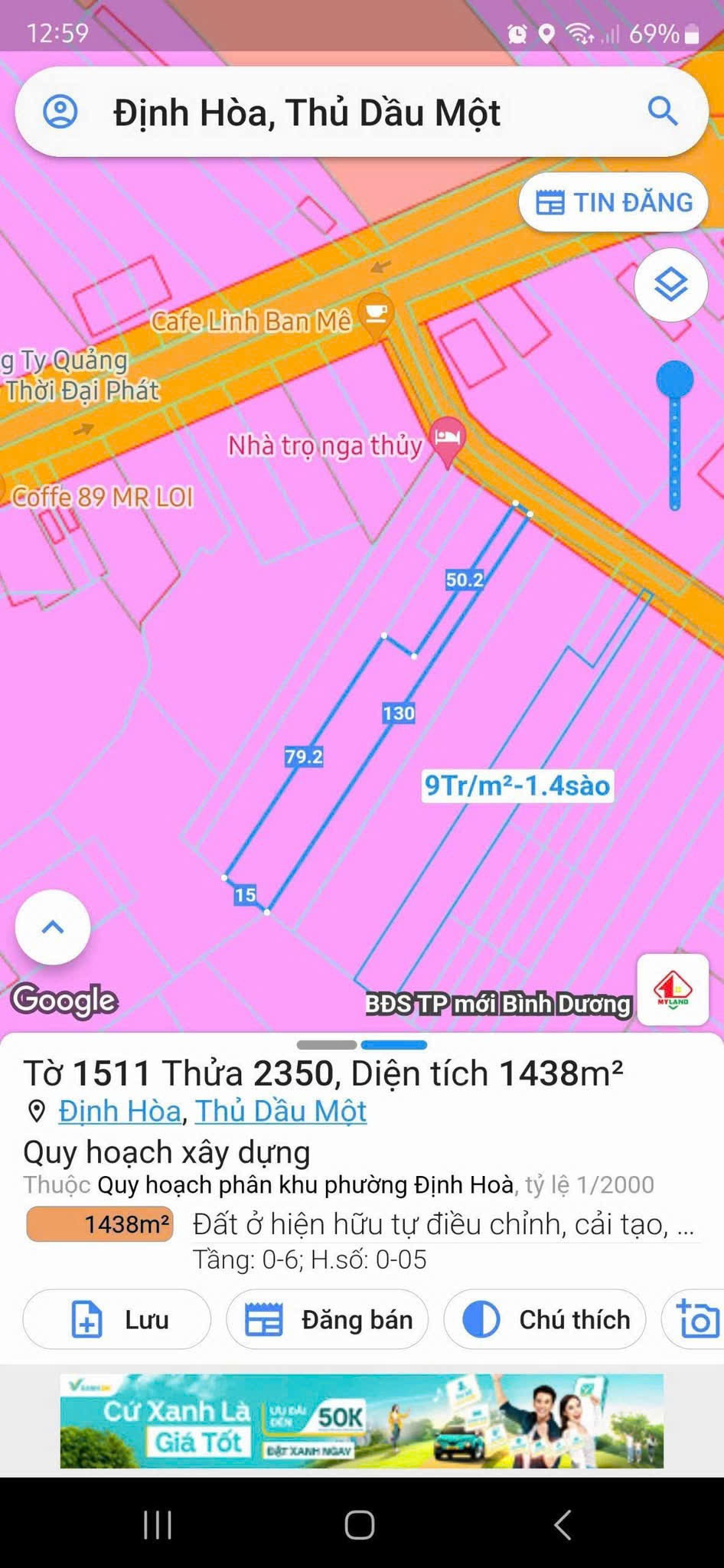 Hơn 1000m2 đất Mt dx076 Định hoà, cách Trần Ngọc Lên 50m (phường Chánh Hiệp,TP.HCM) giá êm