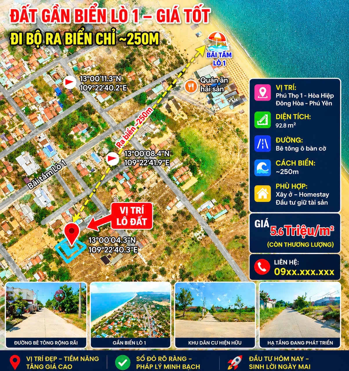 🌊 BÁN ĐẤT VEN BIỂN LÒ 1
📐 928m² – cách biển ~250m

📍 Phú Thọ 1, P. Hòa Hiệp, TX. Đông Hòa, Phú Yên
📄 CLN – quy hoạch ODT, sổ riêng

🛣️ Đường bê tông, KDC hiện hữu
🏡 Hợp làm homestay, villa nghỉ dưỡng

📈 Gần biển – tiềm năng tăng giá
🚗 15–20p tới