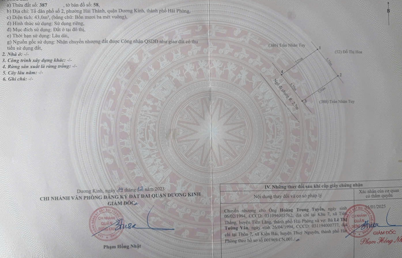 🔥 Bán đất 43m² full thổ cư ngang 5,75m giá 1.23 tỷ tại Phường Dương Kinh