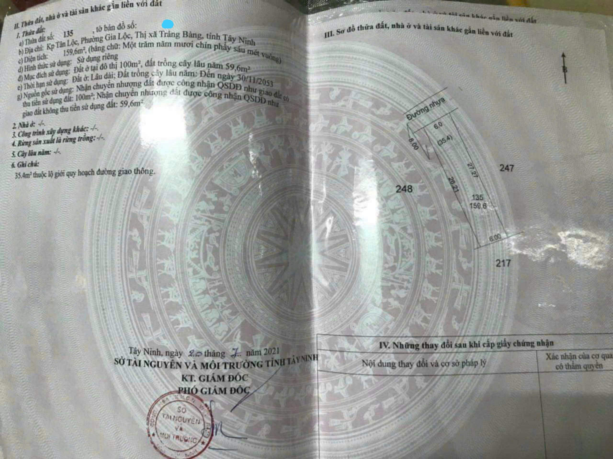 Đất thổ cư MT nhựa, ngay trung tâm Trảng Bàng, 159m2, SHR, Giá 800 triệu.