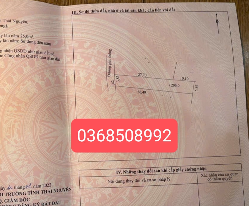 Bán đất 206m² ngang 5,8m giá 750 triệu Phường Gia Sàng