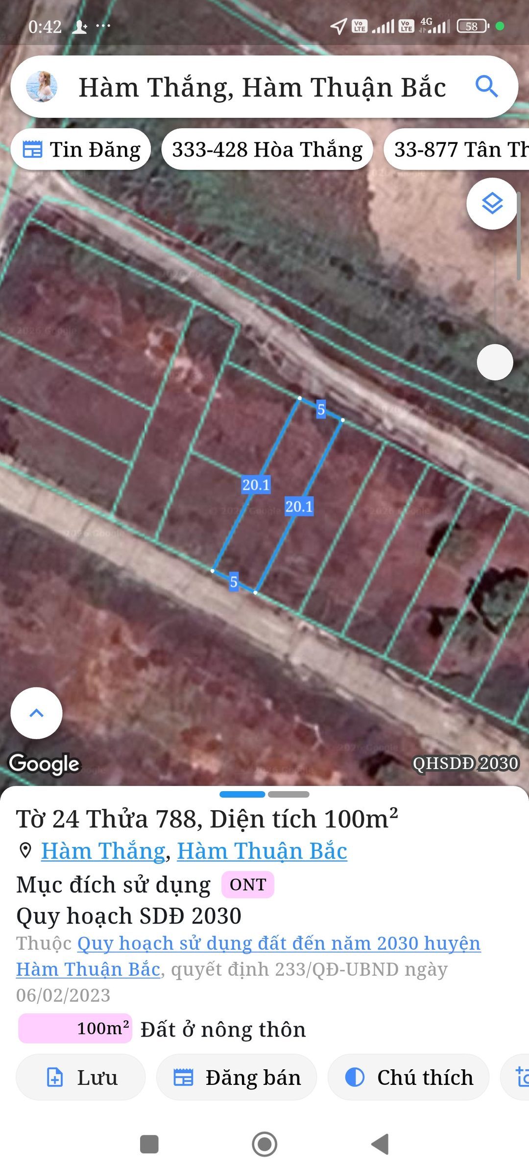 Bán đất 100m² full thổ cư ngang 5m giá 1.3 tỷ tại Phường Hàm Thắng