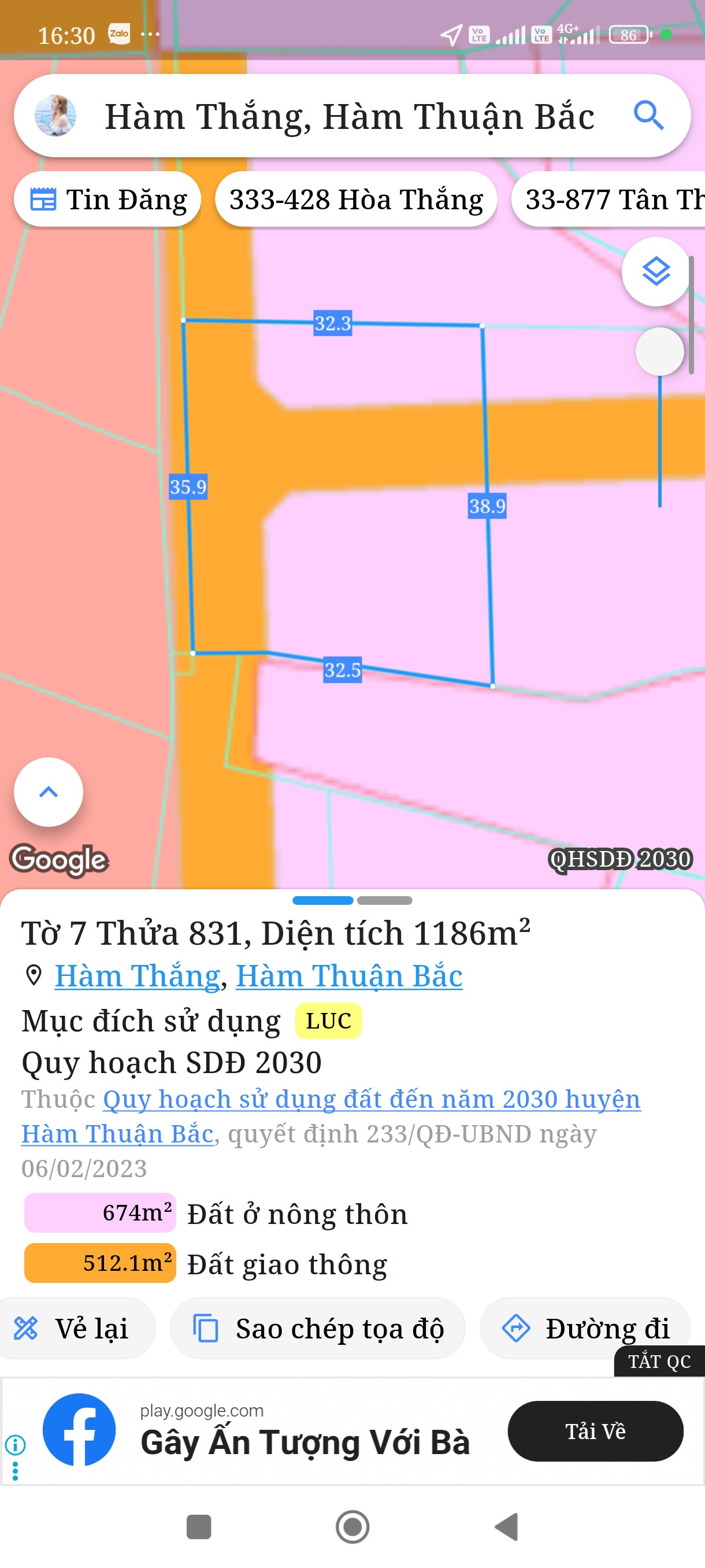Bán đất 185,4m² full thổ cư ngang 10m giá 1.6 tỷ tại Phường Hàm Thắng
