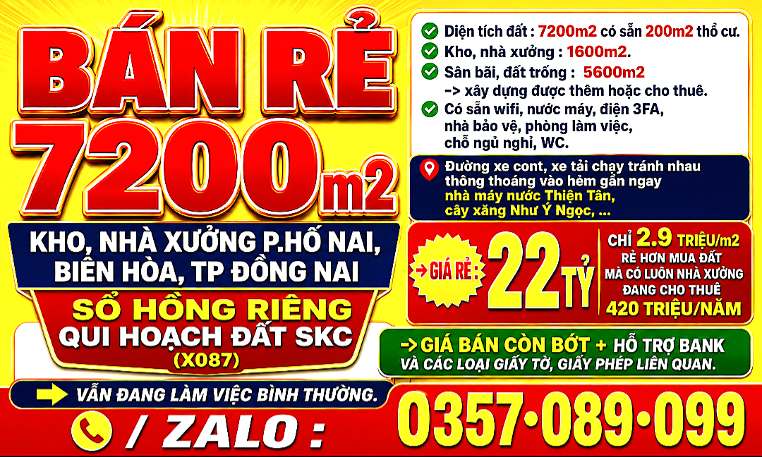 BÁN RẺ 7200m2 KHO, NHÀ XƯỞNG P.HỐ NAI, BIÊN HÒA, TP ĐỒNG NAI, SỔ HỒNG QUI HOẠCH ĐẤT SKC