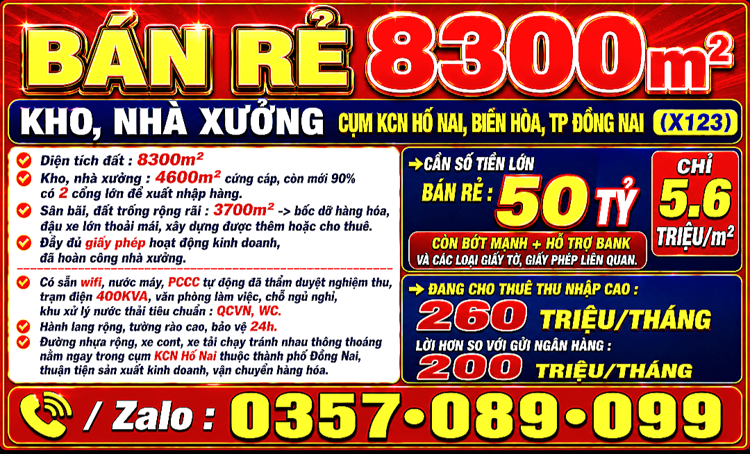 BÁN RẺ 8300m2 KHO, NHÀ XƯỞNG CỤM KCN HỐ NAI, BIÊN HÒA, TP ĐỒNG NAI