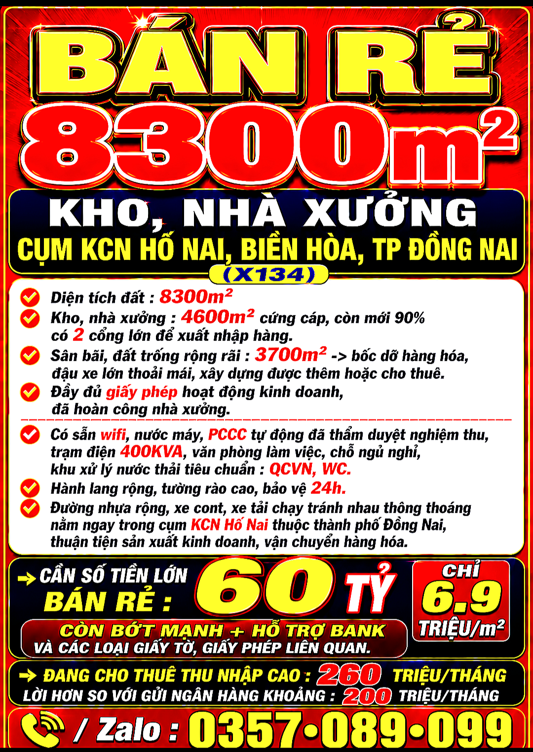 BÁN RẺ 8300m2 KHO, NHÀ XƯỞNG CỤM KCN HỐ NAI, BIÊN HÒA, TP ĐỒNG NAI (X134)