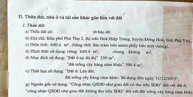 🔥 BÁN ĐẤT TRUNG TÂM HÒA HIỆP TRUNG – PHÚ YÊN 🔥
📍 Khu phố Phú Thọ 2, thị trấn Hòa Hiệp Trung, huyện Đông Hòa, Phú Yên.
✅ Diện tích: 640,4m² ✅ Thổ cư (đất ở đô thị): 250m² ✅ Đất trồng cây hàng năm khác: 390,4m² ✅ Pháp lý rõ ràng, sổ