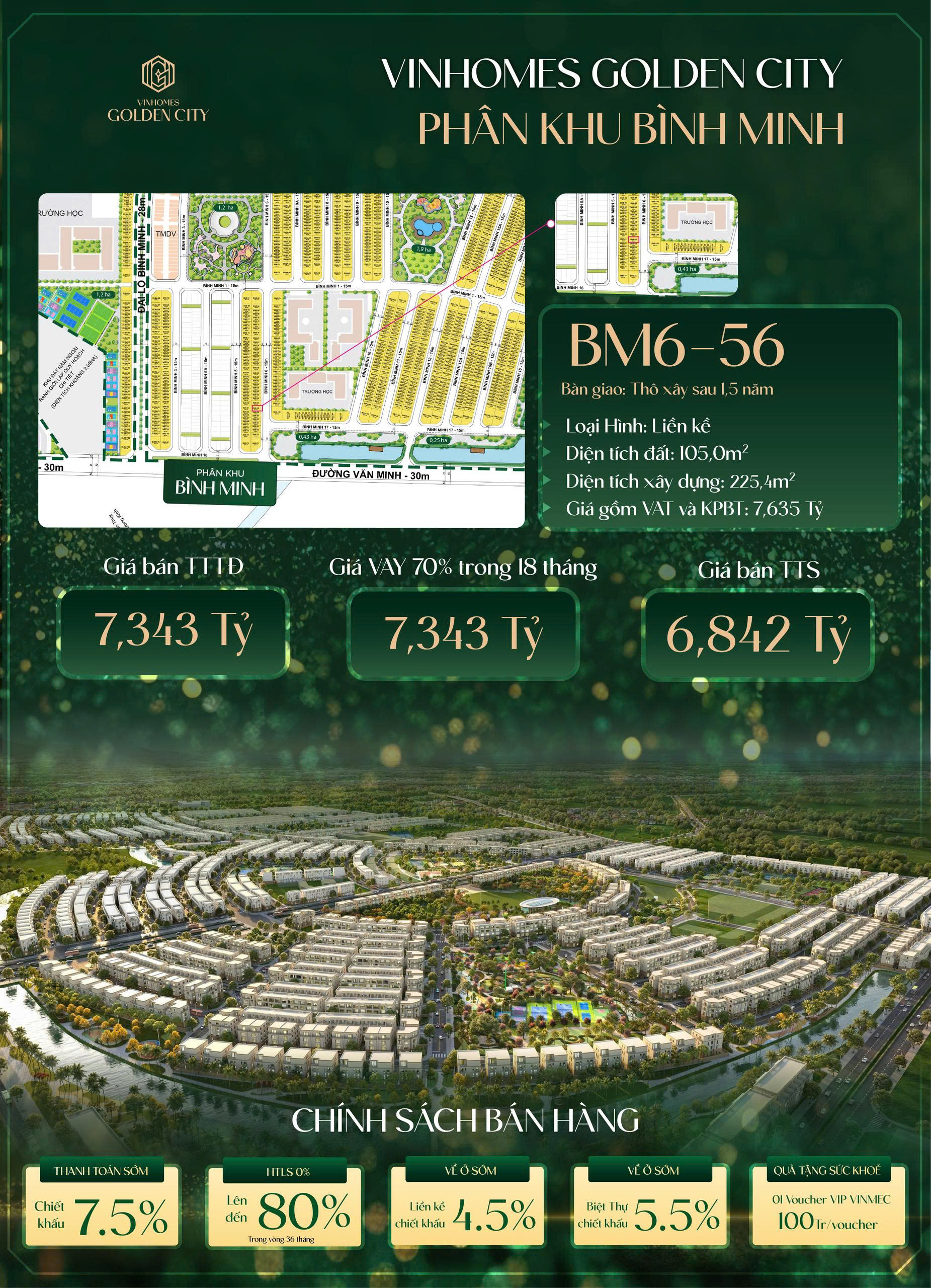 Bán liền kề BM6-56 Vinhomes Golden City Hải Phòng – 105m², gần trường học, giá từ 6,842 tỷ