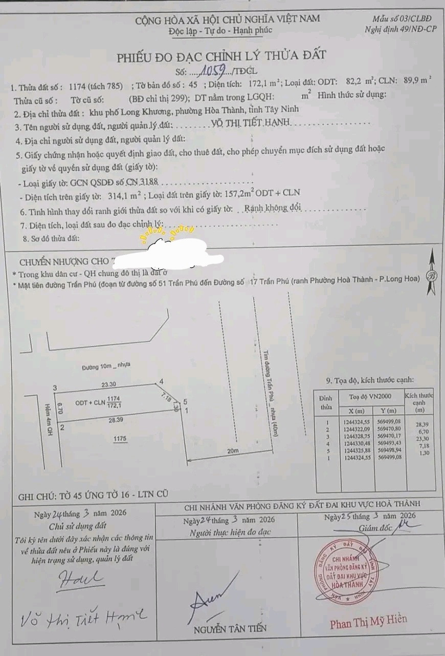 Bán đất 172m² có sẵn 82m² thổ cư ngang 6,7m giá 2.2 tỷ tại Phường Hòa Thành