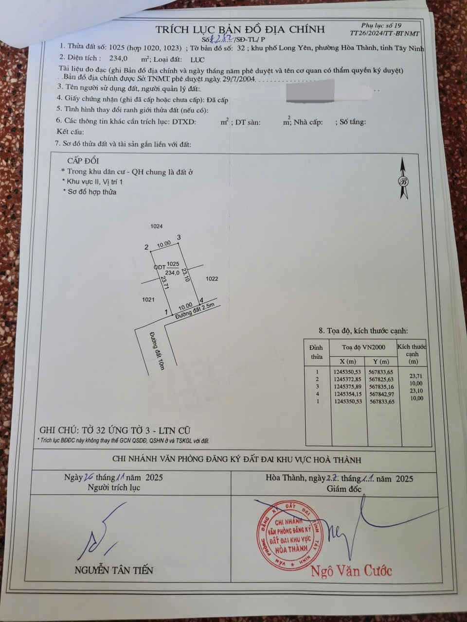 Bán đất 5500m² ngang 110m giá 7 tỷ Phường Hòa Thành