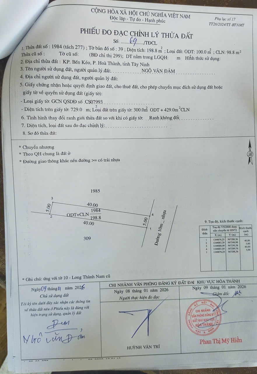 Bán đất 200.1m² có sẵn 100m² thổ cư ngang 5m giá 850 triệu tại Phường Hòa Thành