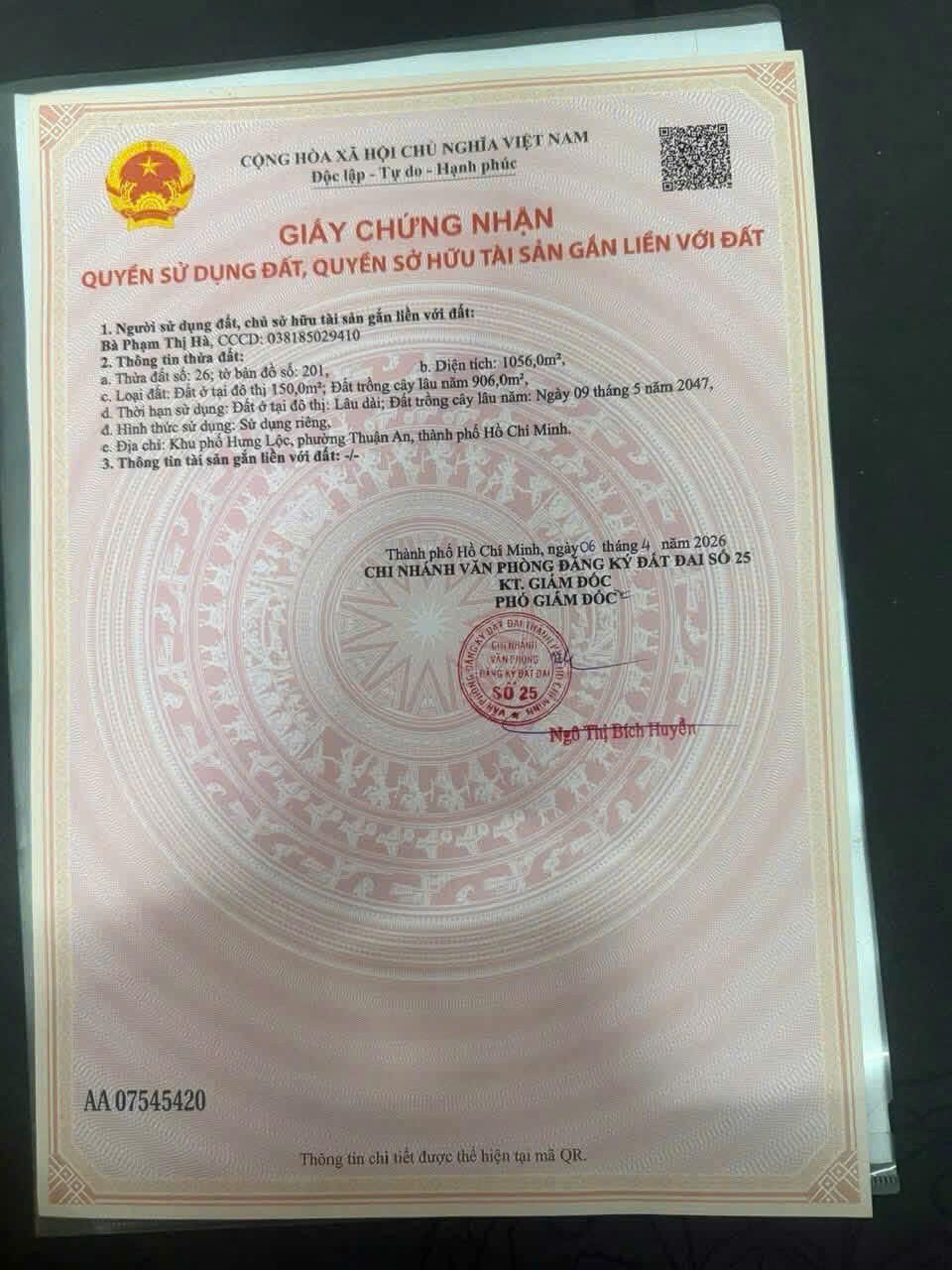 Bán Đất 1056m2 có sẵn 150 m2 thổ cư giá 10.56 tỷ tại Phường Hưng Định Thị xã Thuận An Bình Dương