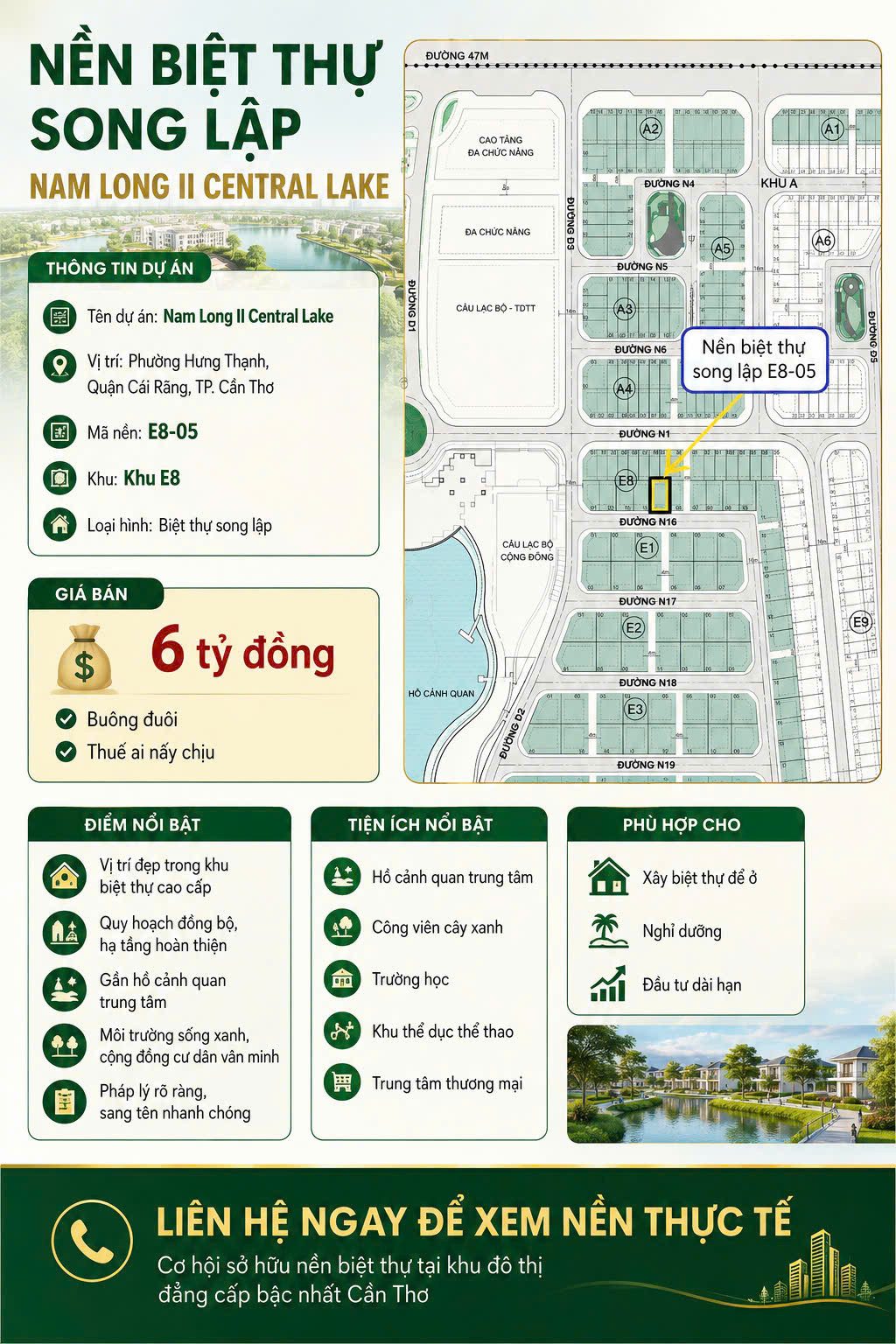 BÁN NỀN BIỆT THỰ SONG LẬP NAM LONG II CENTRAL LAKE – VỊ TRÍ ĐẸP KHU E8