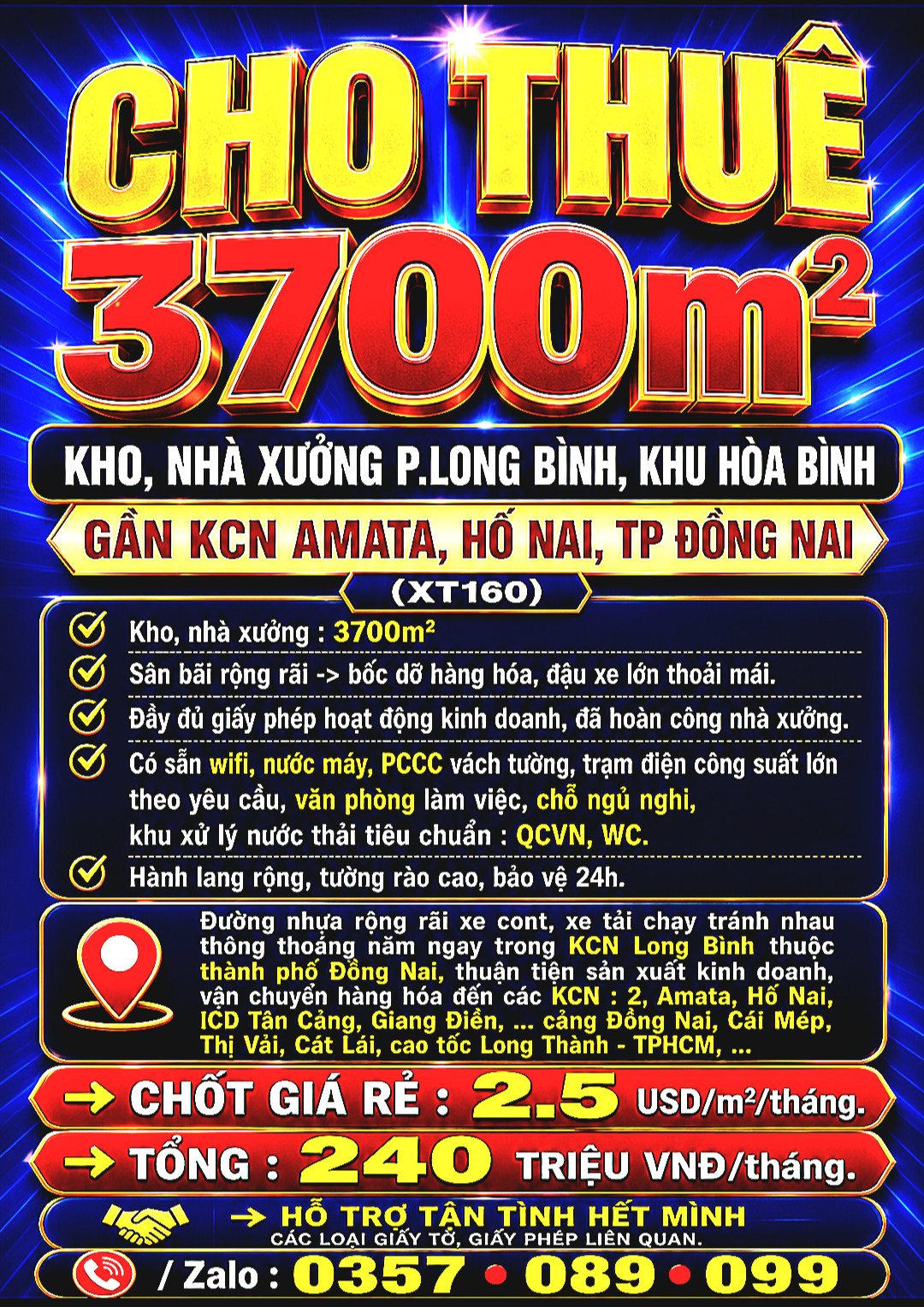 CHO THUÊ 3700m2 KHO, NHÀ XƯỞNG LONG BÌNH, KHU HÒA BÌNH, GẦN KCN AMATA, HỐ NAI, TP ĐỒNG NAI