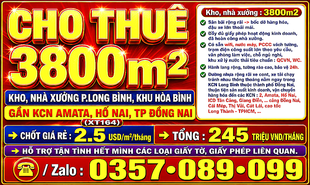 CHO THUÊ 3800m2 KHO, NHÀ XƯỞNG LONG BÌNH, KHU HÒA BÌNH, GẦN KCN AMATA, HỐ NAI, TP ĐỒNG NAI